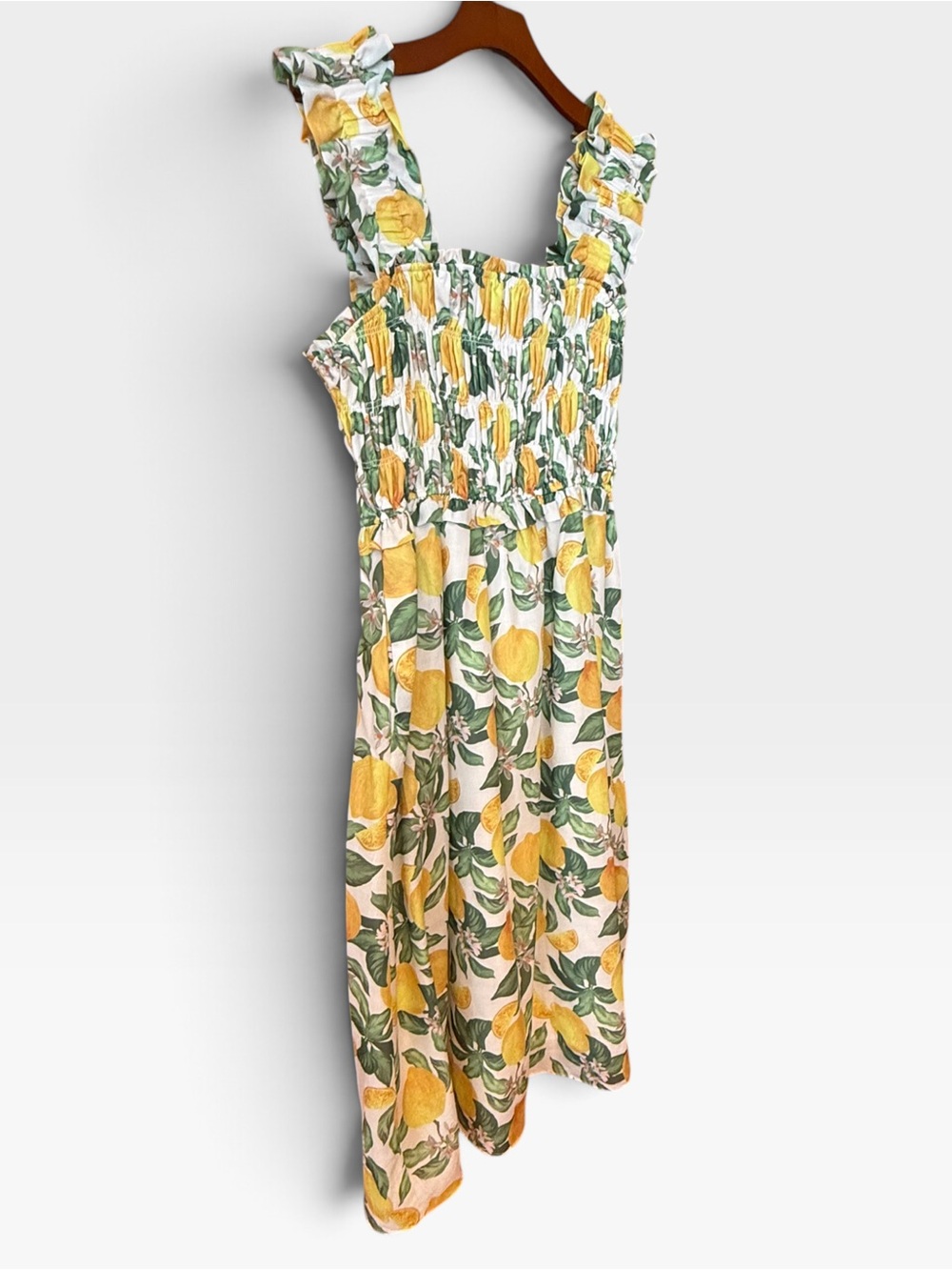 English Factory Lemon Print Smocked Midi Dress Ruffle Strap Summer L